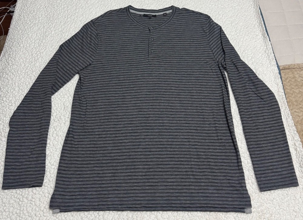 Vince Men’s Long Sleeve Henley Striped Tee Gay/Black 100% Pima Cotton Sz L NWOT