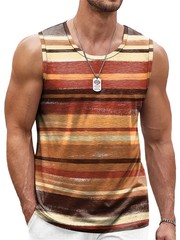 Men Retro Striped Tank Top Sleeveless 3D Print Loose Quick Dry Summer Vest