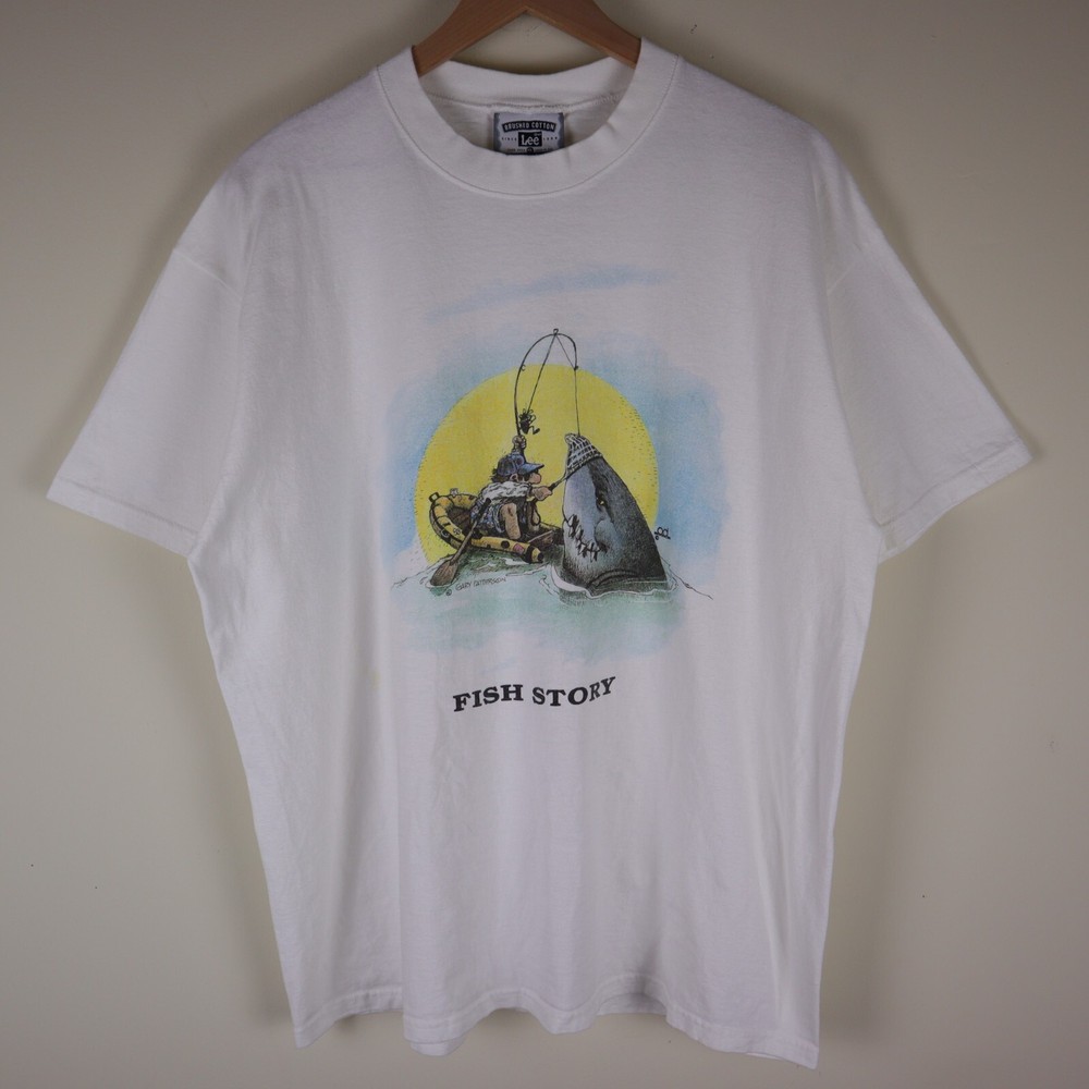 Vintage 90s Fish Story Funny Fishing Shirt Adult XL 23.5×29