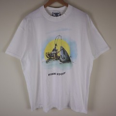 Vintage 90s Fish Story Funny Fishing Shirt Adult XL 23.5×29