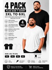 4 Pack Men’s Plus Size Crew Neck Heavyweight Cotton T-Shirts 3XL-6XL Black White