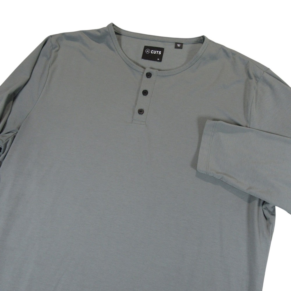 Cuts Mens Henley Shirt XL Gray Stretch Polyester Cotton Button Logo Long Sleeve