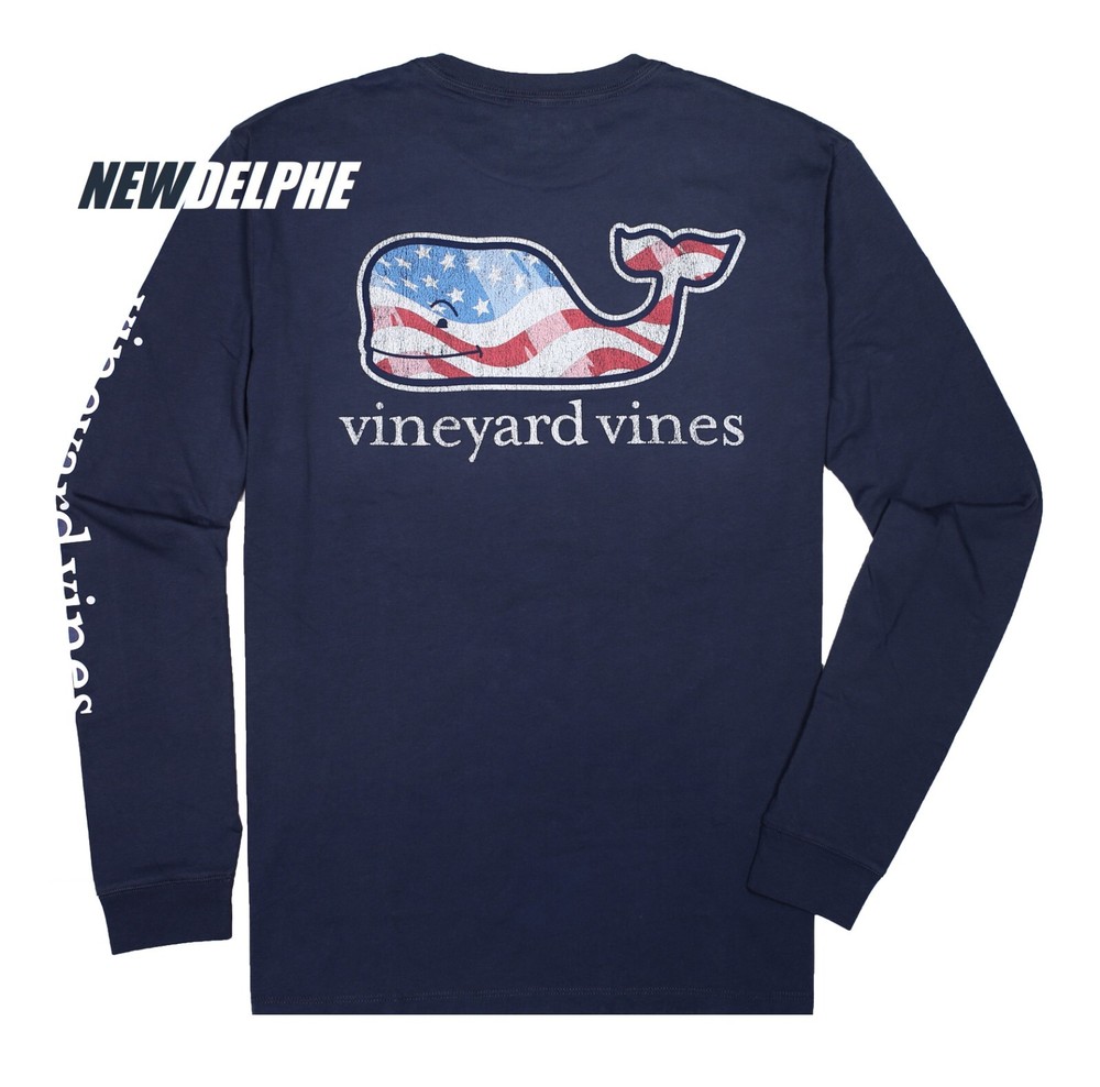 NWT Vineyard Vines Men LS Pocket Crew Tee T-Shirt “WAVING FLAG WHALE EDITION”