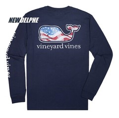 NWT Vineyard Vines Men LS Pocket Crew Tee T-Shirt “WAVING FLAG WHALE EDITION”