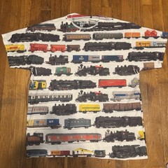Vintage Y2K Train All Over Print Shirt XL Jerzees Steam Locomotive Railfan Tee