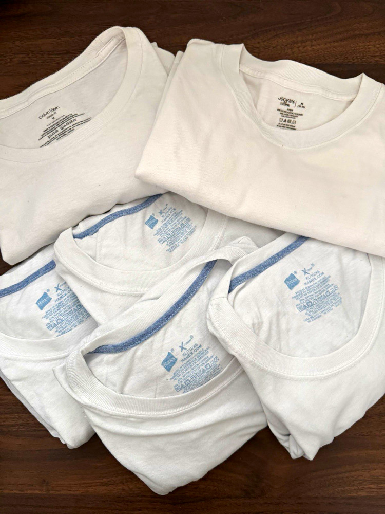 Lot of 6 Mixed Brands Men’s White Crew Neck Tagless Undershirts M/XL