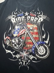 1990s Ride Free Motorcycle Tee Black, Red, White, Blue, and Chrome Vintage XL
