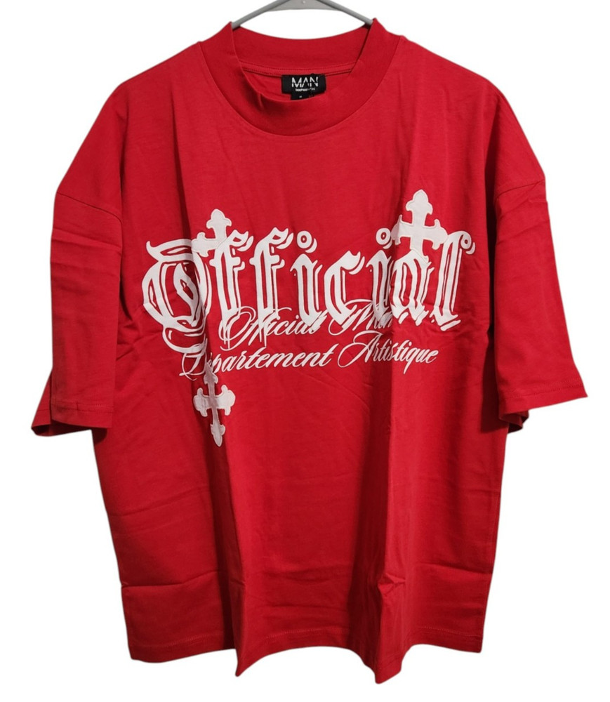 Boohoo MAN Mens M Oversized Boxy Cross Applique Distressed T-Shirt Tee Red