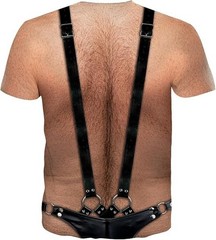 3D Graphic T-Shirt Funny Hairy Chest Fetish Leather Mankini Fake Hairy Chest