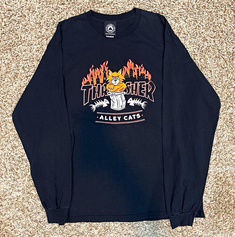 Thrasher Alley Cats Black Long Sleeve Graphic Logo Crew Neck T-Shirt Men’s M