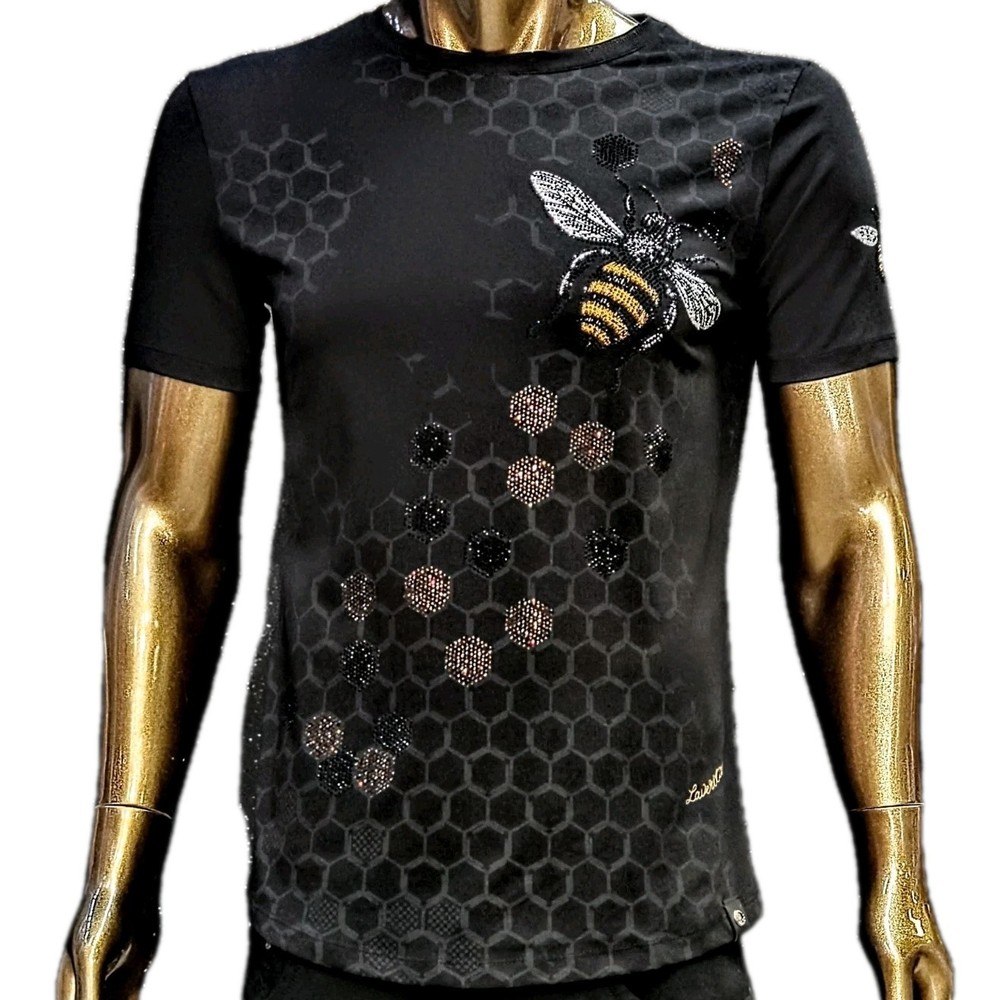 Men’s Italian fashion Short Sleeves black T-shirt rhinestone Gold/Silver Beehive