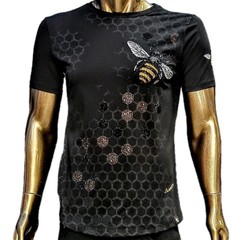 Men’s Italian fashion Short Sleeves black T-shirt rhinestone Gold/Silver Beehive