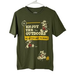 Disney Mickey Mouse Enjoy the Outdoors Camping Graphic T-Shirt Olive Green Small