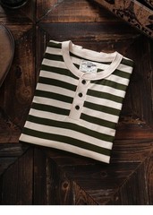 American Tough Guy Style Henry Collar Striped Washed Cotton Short Sleeved Shirt