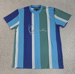 KARL KANI BIG LOGO MENS’ SHIRT — SIZE M ~ VERTICAL STRIPED COLORBLOCK SCRIPT