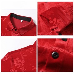Men Velevt Blouse Shirts Tops Floral Printed Plush Casual Formal Cardigan M-3XL
