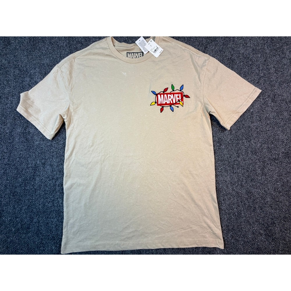 Marvel Graphic Tee Holiday Lights Beige Mens M NWT