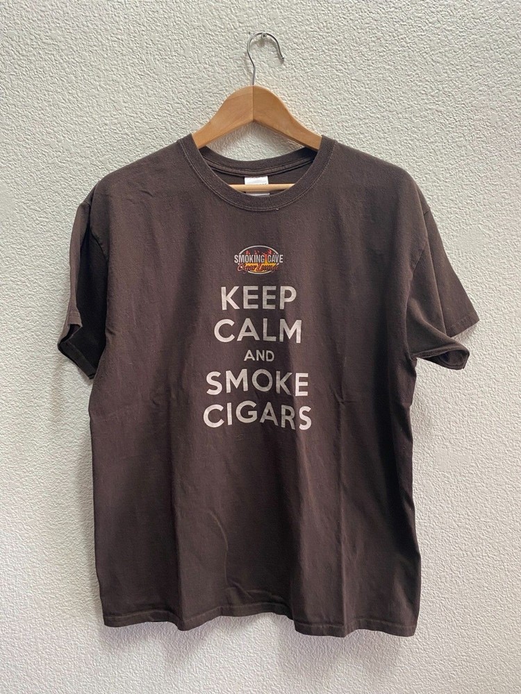 VTG Y2K Smoking Cave Cigar Lounge Keep Calm Smoke Cigars T-Shirt Large Brown