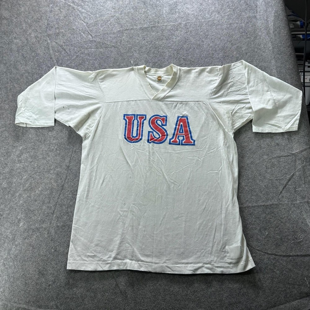 Vintage Medallion Shirt Mens XL White USA V-Neck 50/50 PolyCotton Graphic 90s