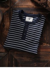 American Tough Guy Style Henry Collar Striped Washed Cotton Short Sleeved Shirt