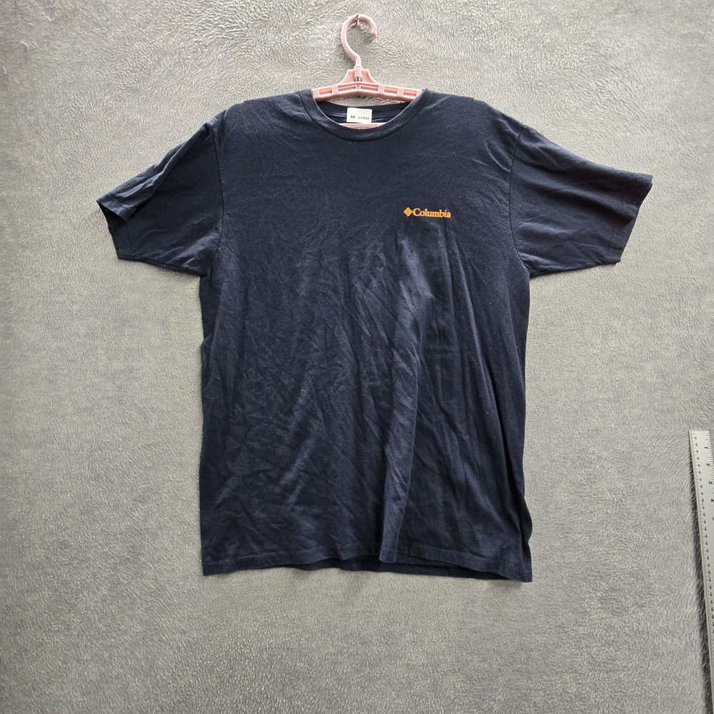 Columbia Men Shirt L Navy Graphic Truck Flag Outdoor Logo Short Sleeve