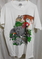 Habitat T-Shirt Zoo Collage graphic Print 40″ Chest NOS White Vintage 1990 USA