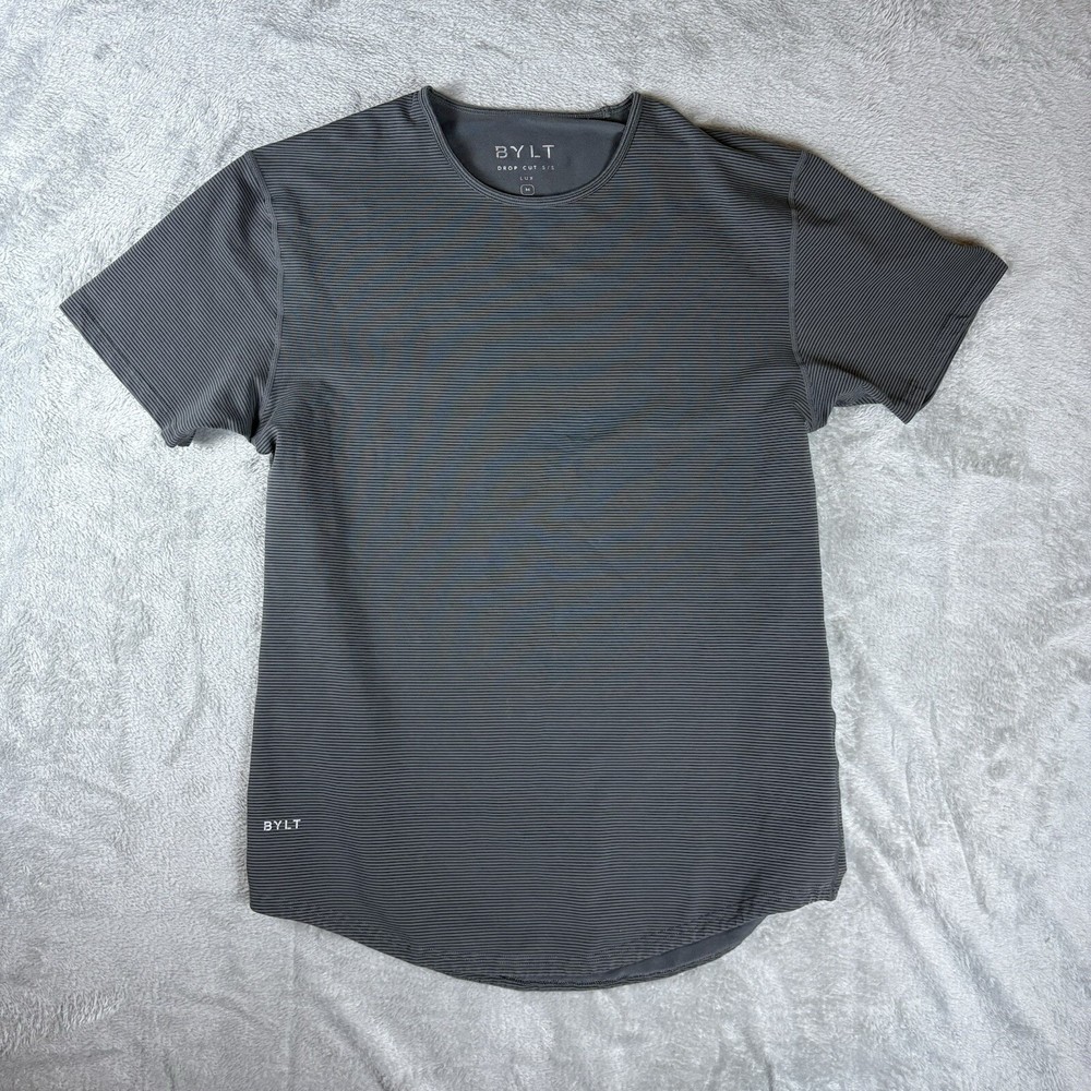 BYLT Drop Cut Lux Crew Neck Shirt Mens Medium Black Grey Striped Short Sleeve