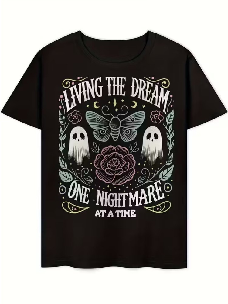 “Living The Dream” Goth Graphic Tee – Pastel Goth Ghost & Moth Shirt