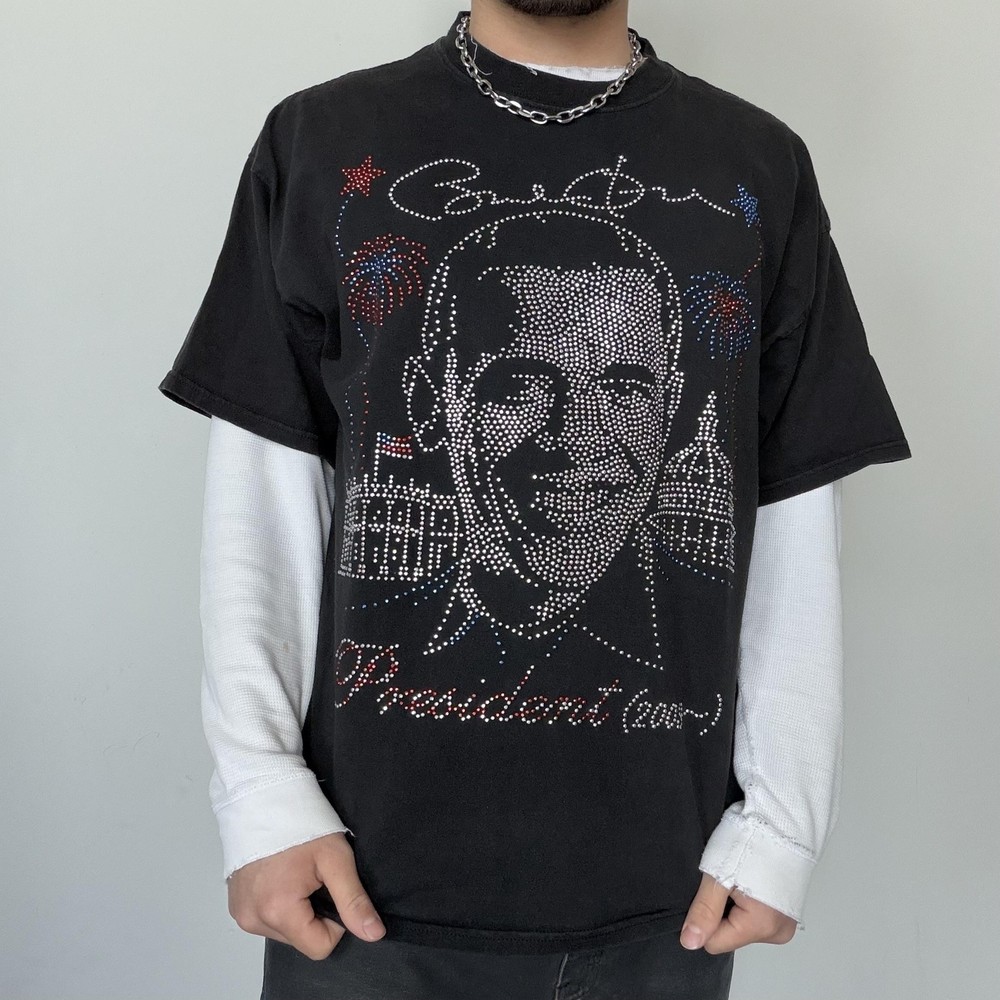 2000s Y2K Barack Obama Rhinestone Shirt Mens XL Black President 2009 Graphic Tee