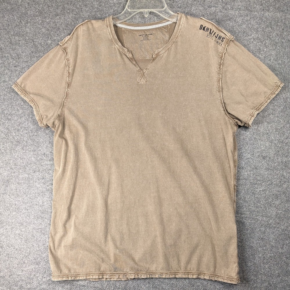 DKNY Jeans Split Neck T-Shirt XL beige/tan color with contrast stitch details