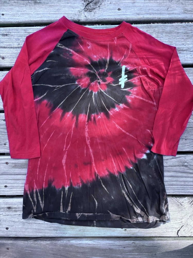 Deathwish Men’s L Red Black Tie-Dye Crew Neck 3/4 Sleeve Raglan Knit T-Shirt