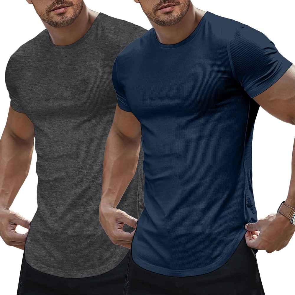 Mens Short Sleeve Athletic T Shirt Muscle Slim Fitted Crewneck Longline Tees …