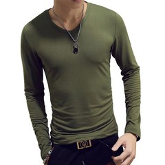 Men T Shirt Long Sleeve Slim Fit Solid Color Round Neck V Neck Cotton Top