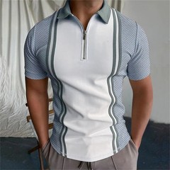 Men’s New Printed Color Matching Loose Casual Short Sleeve Zipper T-Shirt Tops