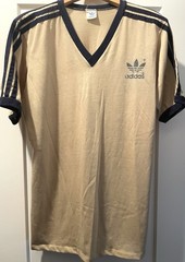 Vintage 70s 80s ADIDAS Trefoil V-Neck Athletic Ringer T Shirt Khaki Navy 50/50 L