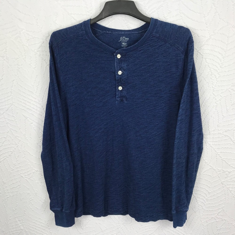 J Crew Mens Shirt Indigo Blue Henley Size L Knit Pullover Preppy Casual Classic