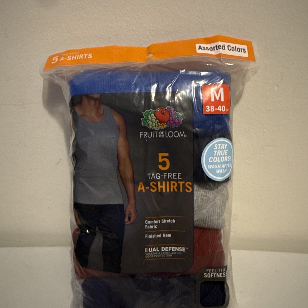 Fruit of the Loom Men’s Size M 38-40 Tag-Free A-Shirts 5 Pack Assorted Colors