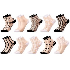 10 Pairs Sheer Socks Striped Plaid Mesh Dot Bow See Through Transparent