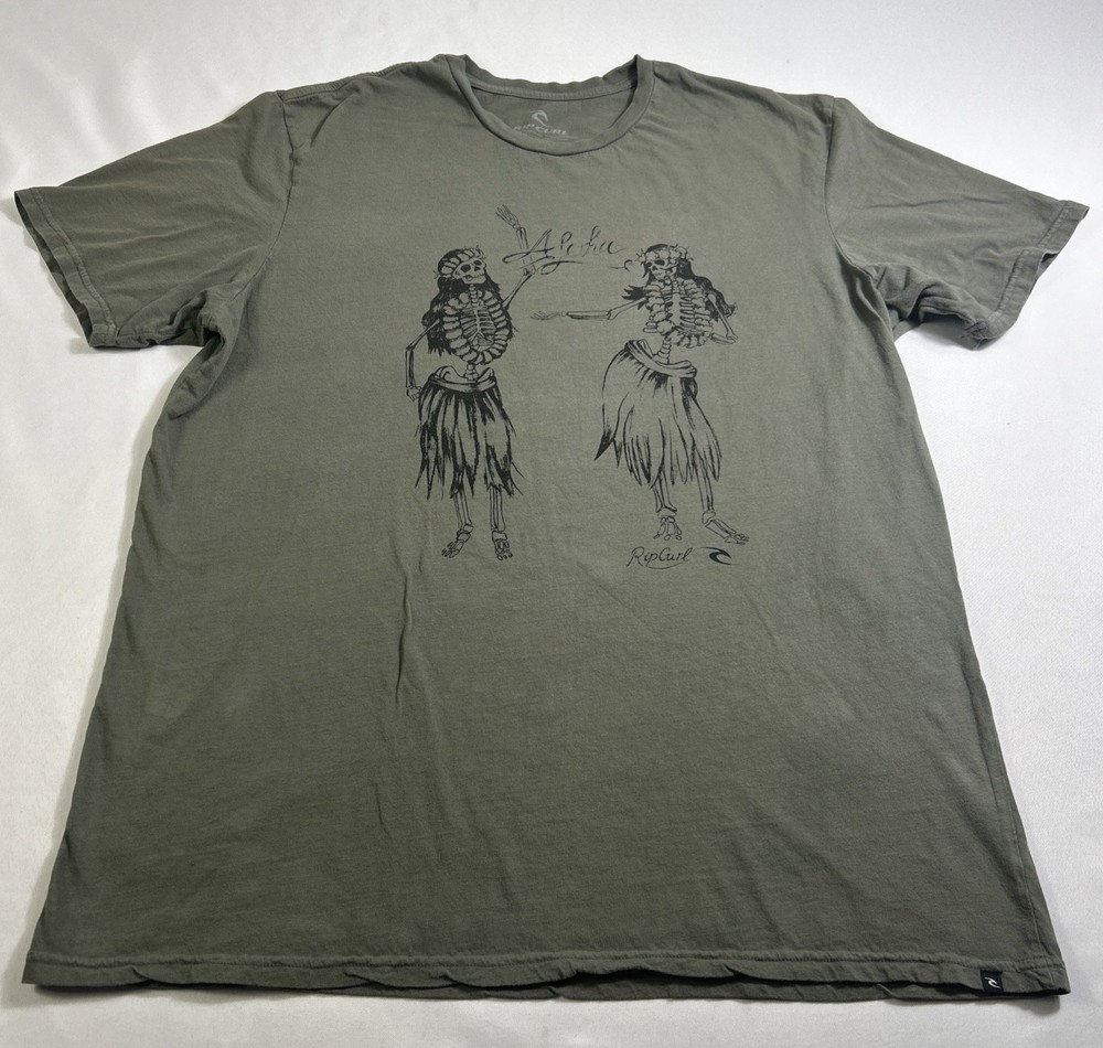 Rip Curl T Shirt Mens L Green Short Sleeve Standard Fit Skeleton Hula Girls Tee