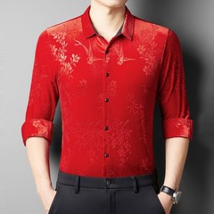 Men Velevt Blouse Shirts Tops Floral Printed Plush Casual Formal Cardigan M-3XL