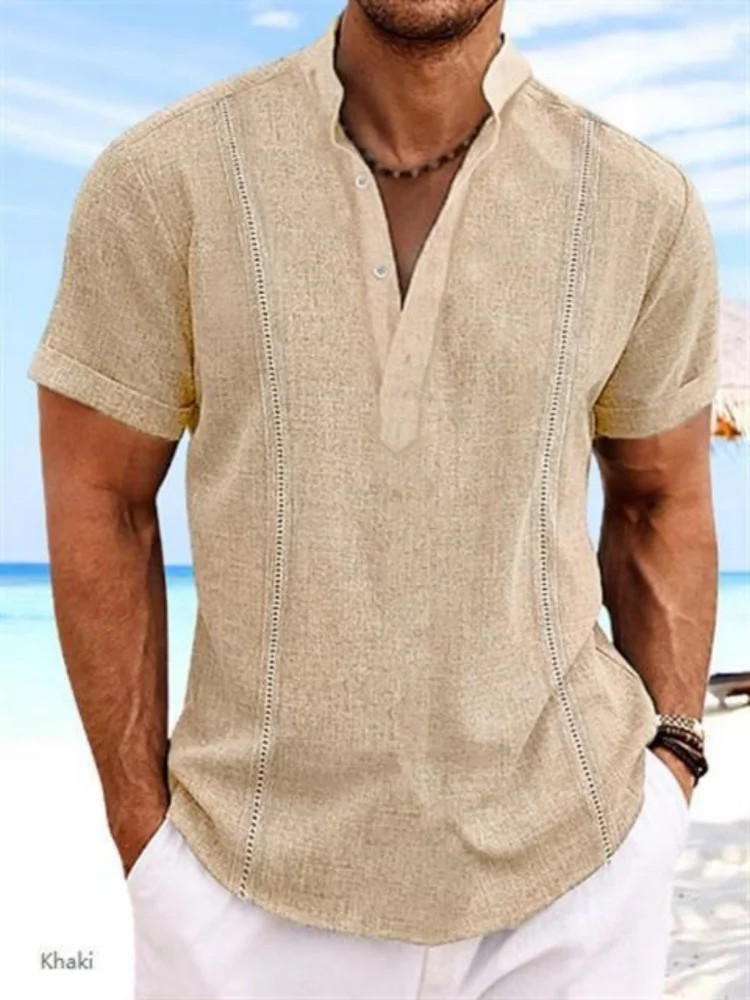 2024 New men’s Henry Collar solid color vintage cotton hemp webbing top Fashion