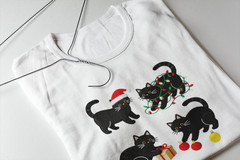 Black Cat Christmas Shirt Cute Holiday Cats Graphic Tee Women’s Cotton Top New