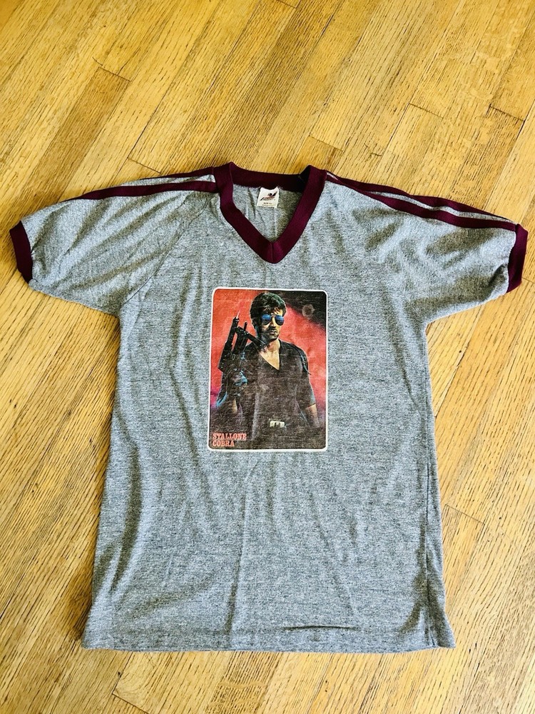 Vntg Gray Maroon Stripes Stallone Cobra 1986 Raglan Bantam Tshirt M 38-40 Small