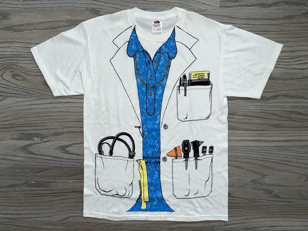 Vintage 90’s Leslie Arwin Doctor Lab Coat AOP T-Shirt Men Size M Gold Chain Med