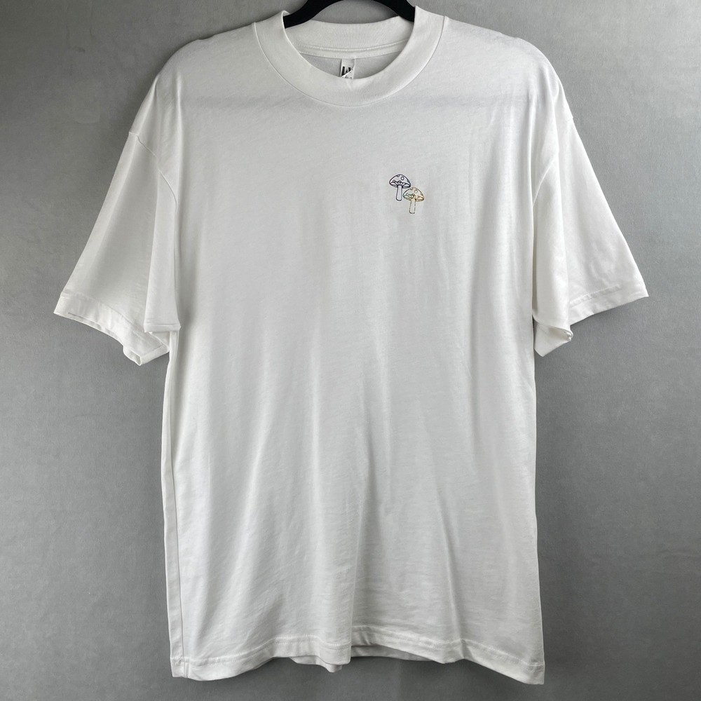 Los Angeles Apparel Men White Rainbow Mushroom Graphic T-Shirt L USA Made Hippie