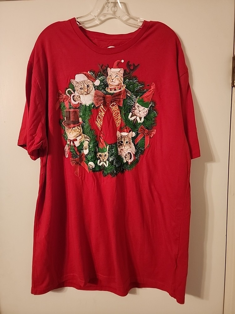 HOLIDAY TIME Unisex Sz 2XL 50-52 Red Fun Ugly Christmas “Cats” T-Shirt EUC!
