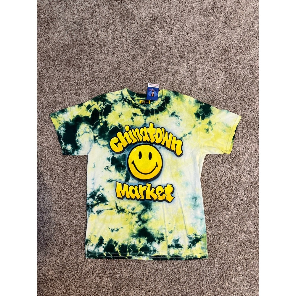 Chinatown Market Smiley Face Tie Dye T Shirt Green Yellow Graphic Streetwear (L)