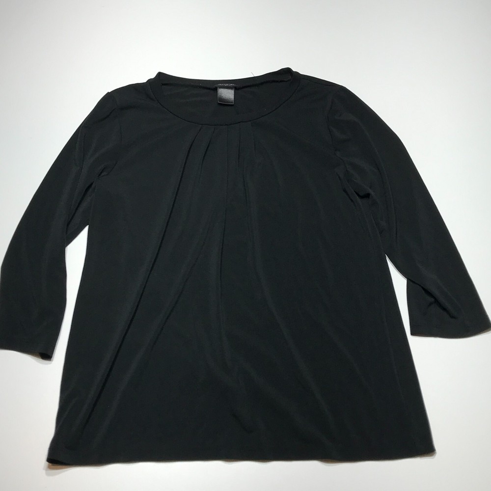 Ann Taylor Top Womens Size M Pleated Neck Crop Sleeve Blouse Black Stretchy