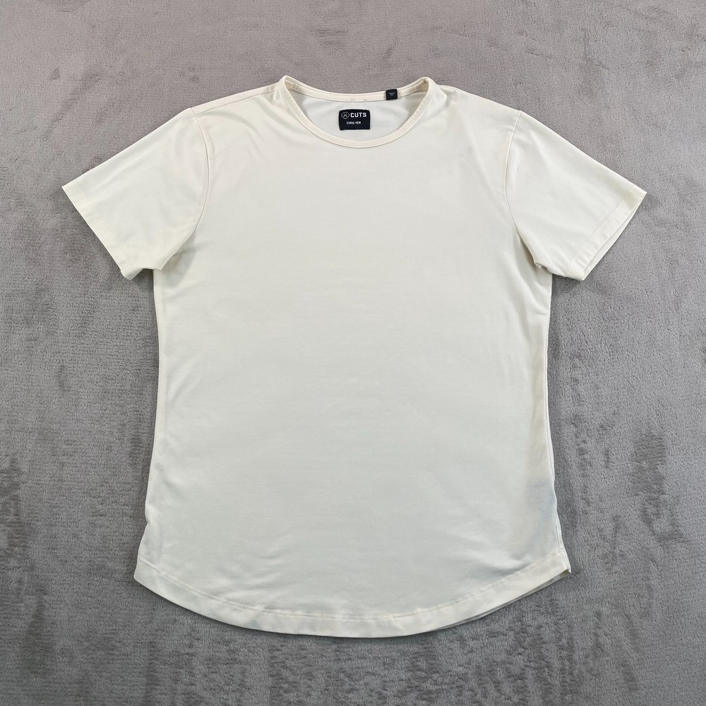 Cuts PYCA Pro Crew T Shirt Men Large Beige Curve Hem Stretch Logo Athletic Gym