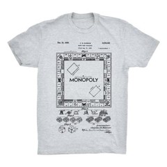 Monopoly Patent Art T-Shirt. Classic Board Game Shirt. Black, White or Gray NEW